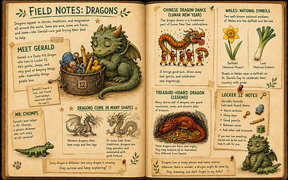 Field Notes: Dragons, a journal spread with sketches of Gerald, a dragon dance, Welsh symbols, and a treasure-hoard dragon.